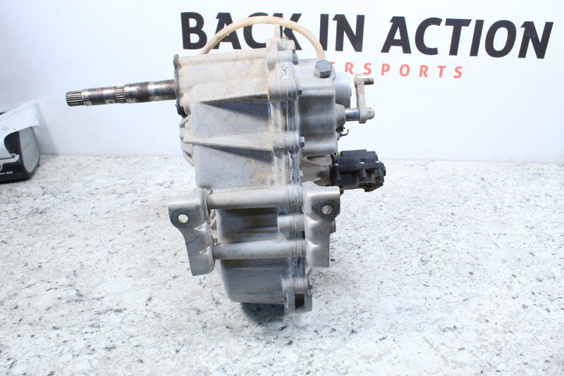 Silver-colored ATV transmission.